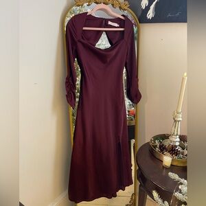 ASTR the Label Burgundy/Mulberry Gracie Satin Side Slit Open Back Midi Dress